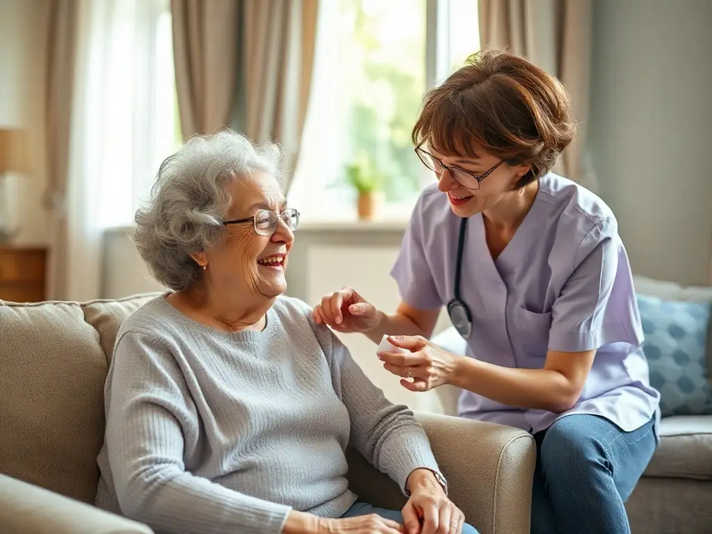 A serene image of an elderly woman smiling while a Victory MD caregiver assists her with her medication in her cozy living room, emphasizing personalized care.
