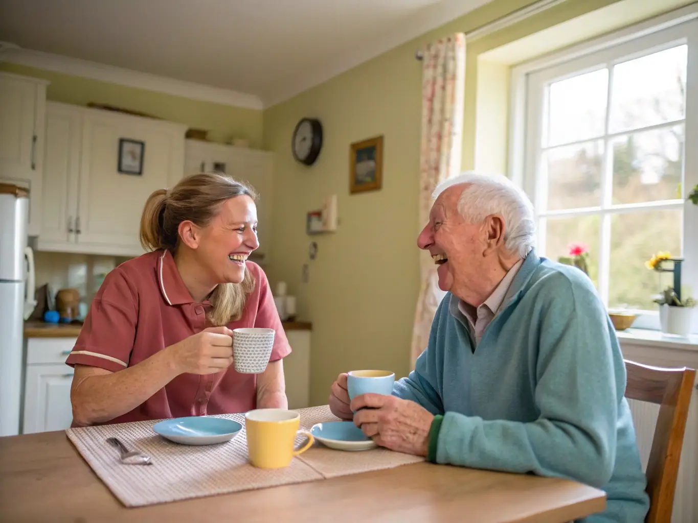 A cheerful caregiver and an elderly man laughing together while preparing a meal in a cozy kitchen, highlighting companionship.
