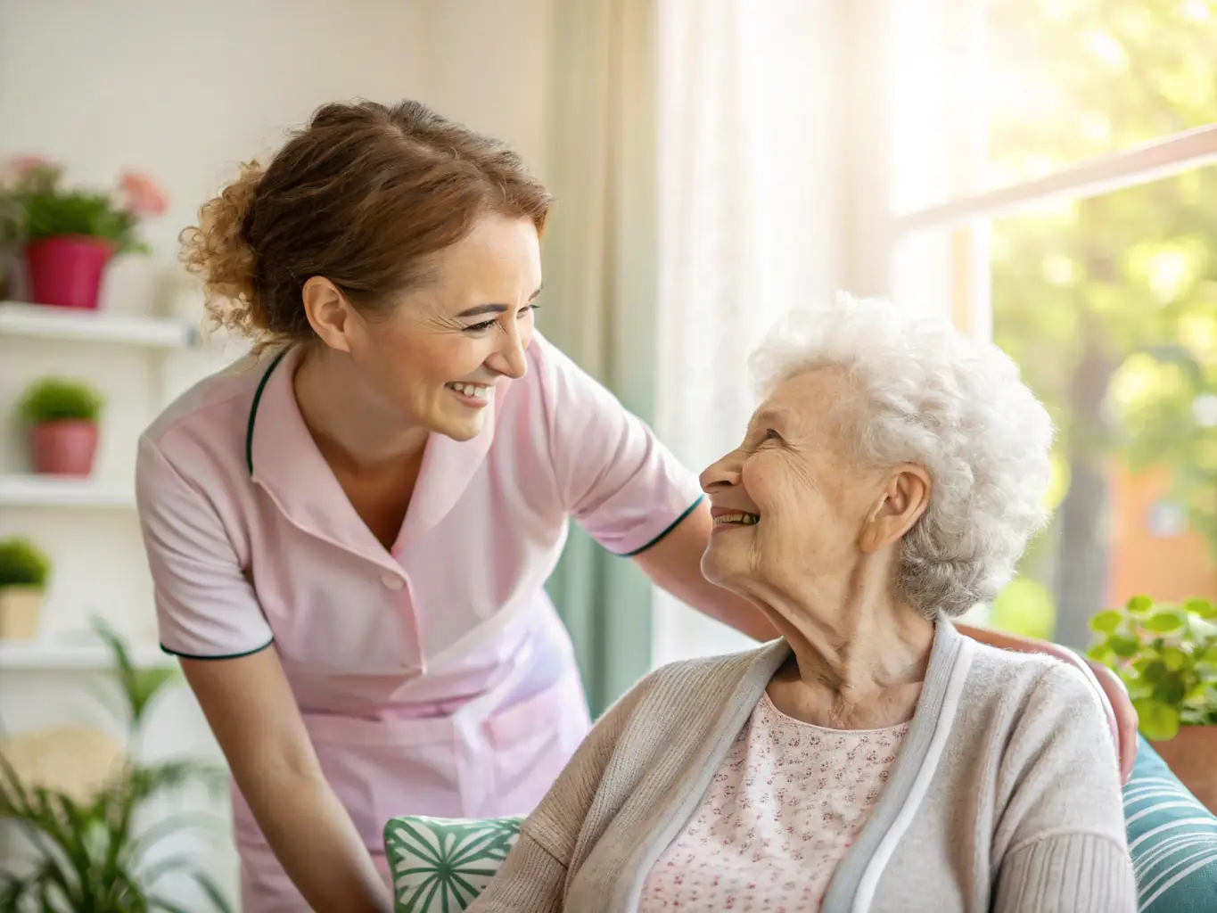 A senior woman smiling and receiving assistance from a caregiver in her home, showcasing personal assistance services.