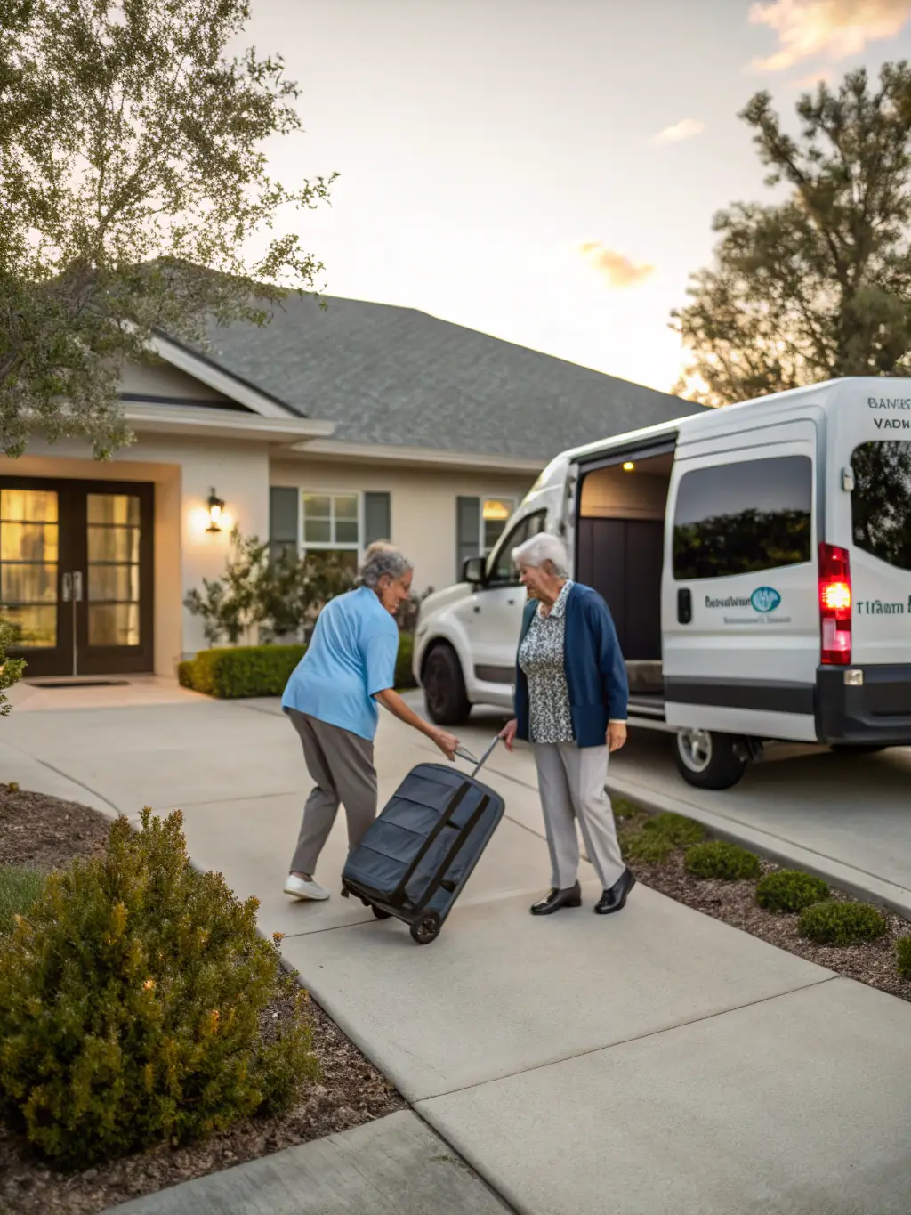 A caregiver assisting an elderly person into a vehicle for a doctor’s appointment, highlighting transportation services.