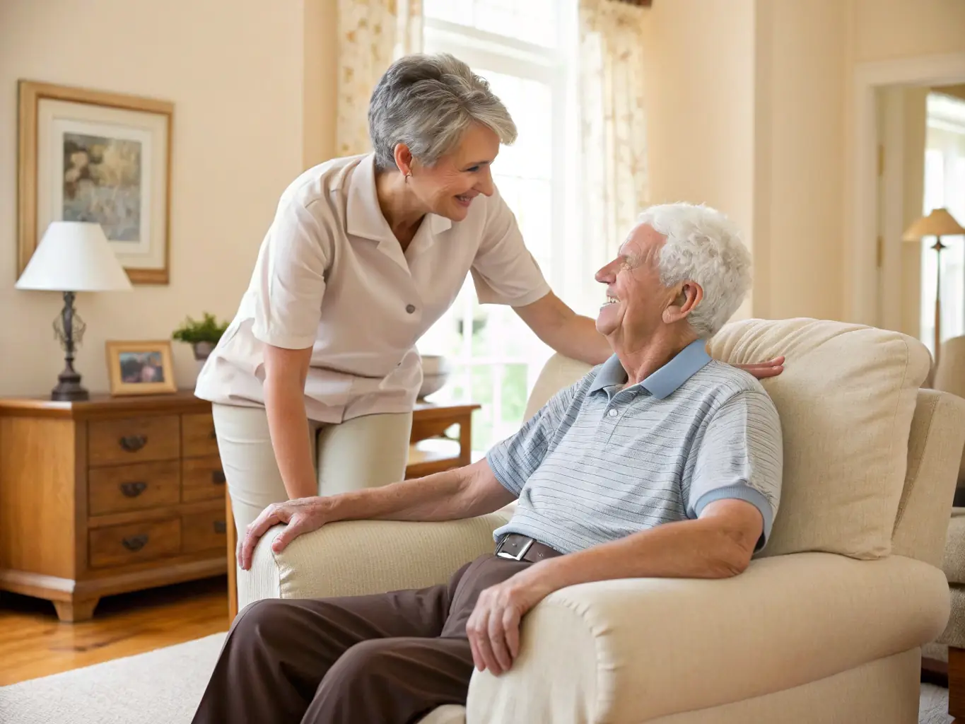 A family member smiling and hugging a Victory MD caregiver, with an elderly person looking on happily, showcasing family trust and peace of mind.