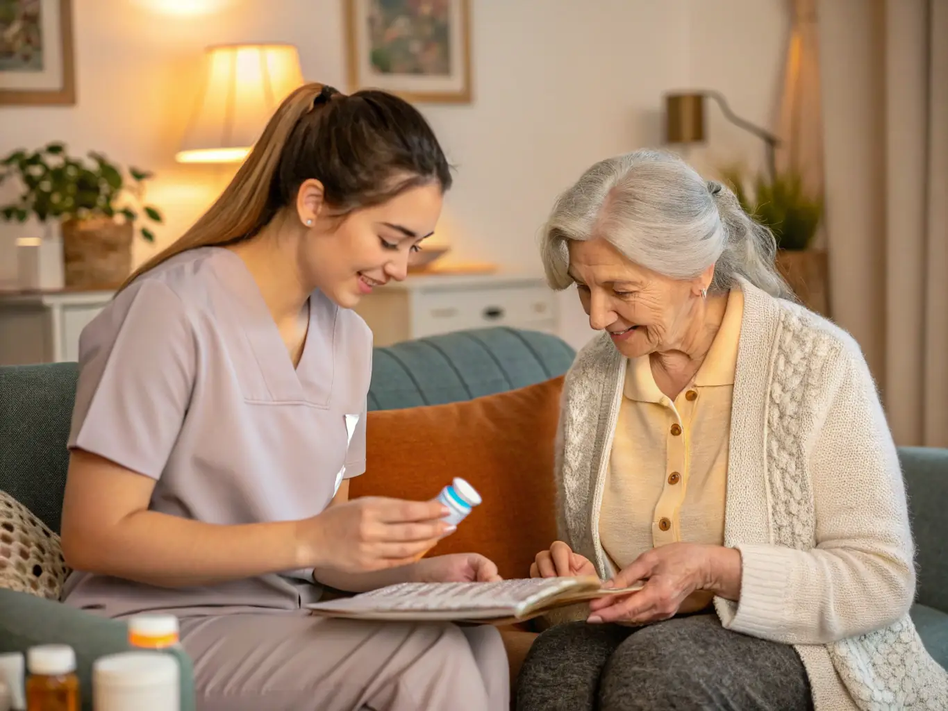 A warm and supportive caregiver assisting an elderly woman with her medication in a sunlit living room, emphasizing personalized care.