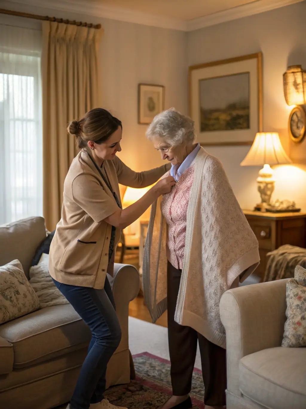 A caring caregiver helping an elderly person with dressing in a cozy home environment, emphasizing personal assistance.