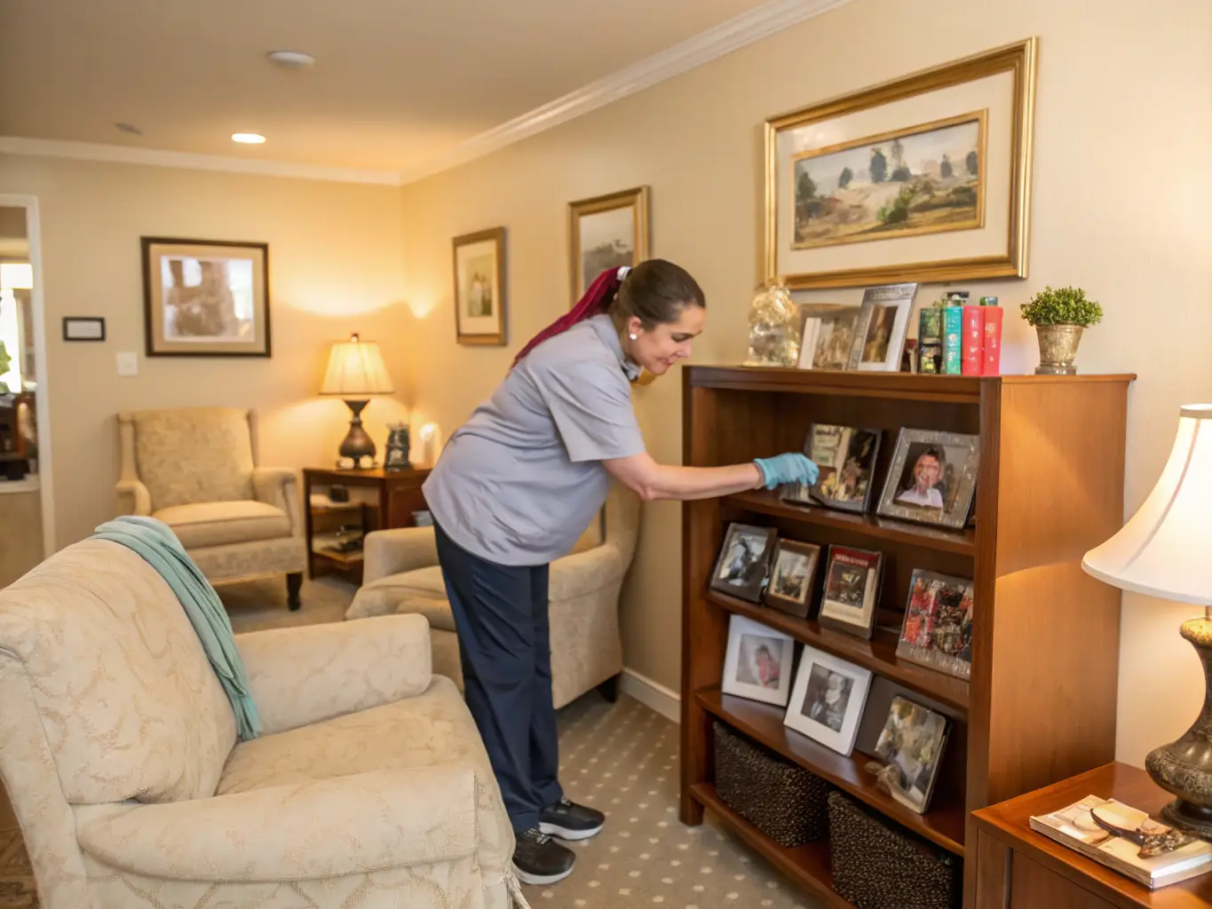A caregiver assisting a senior with light household chores, such as dusting or organizing items in their home.