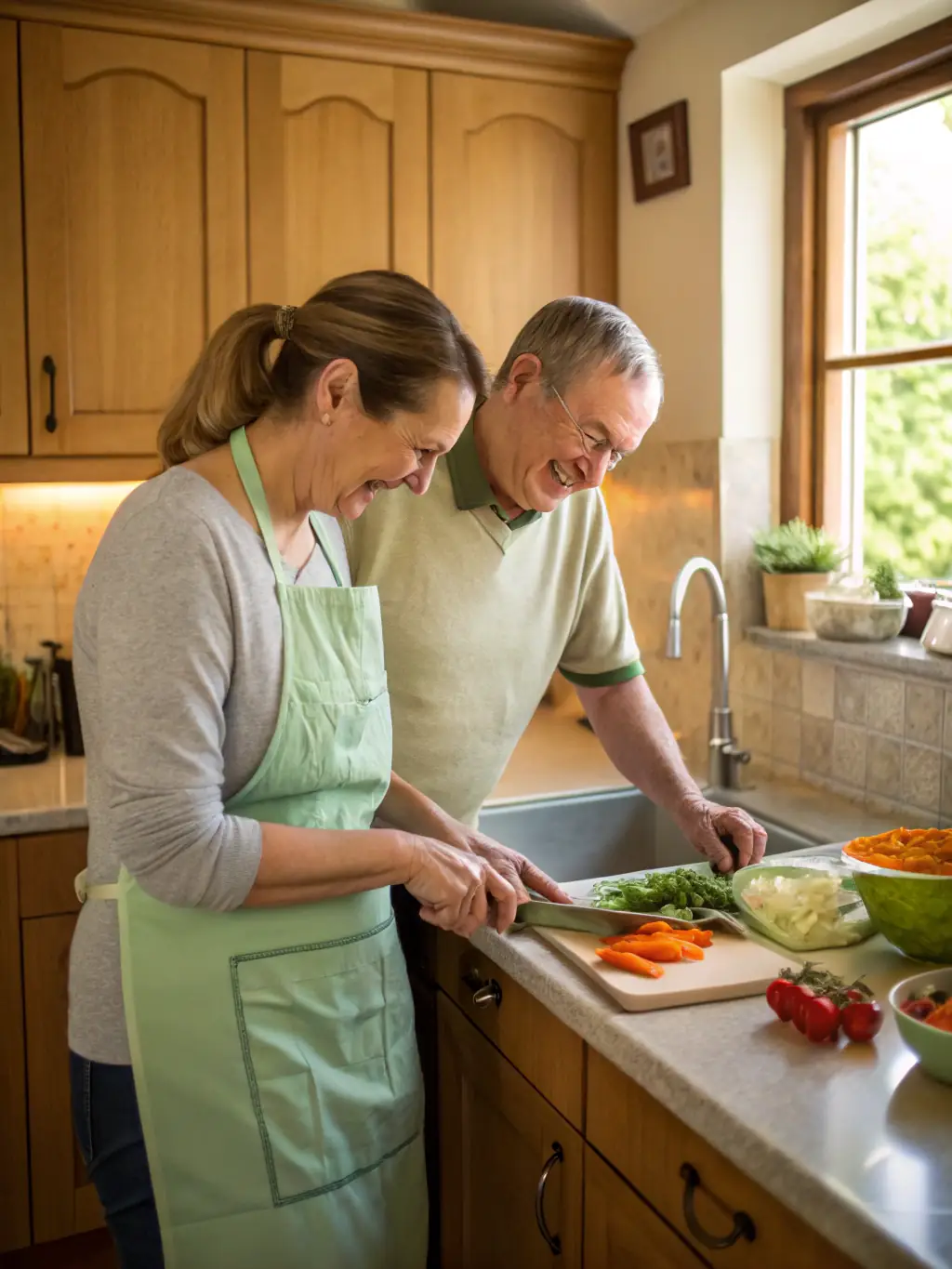 A caregiver preparing a healthy meal in a modern kitchen with an elderly client, focusing on meal preparation.