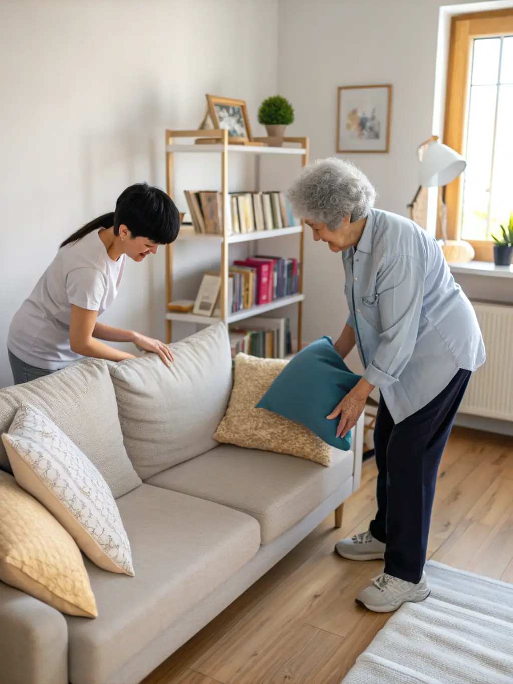 A caregiver tidying up a living room with a cheerful elderly person nearby, showcasing household upkeep.