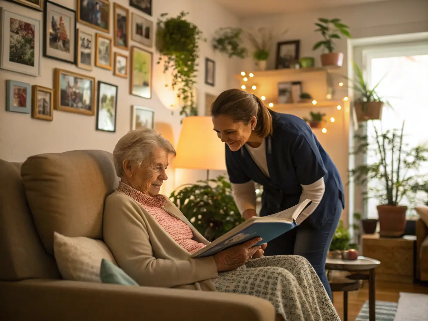 A comforting image of a Victory MD caregiver assisting an elderly woman with light housekeeping tasks in her well-maintained home, showcasing the benefits of household upkeep services.