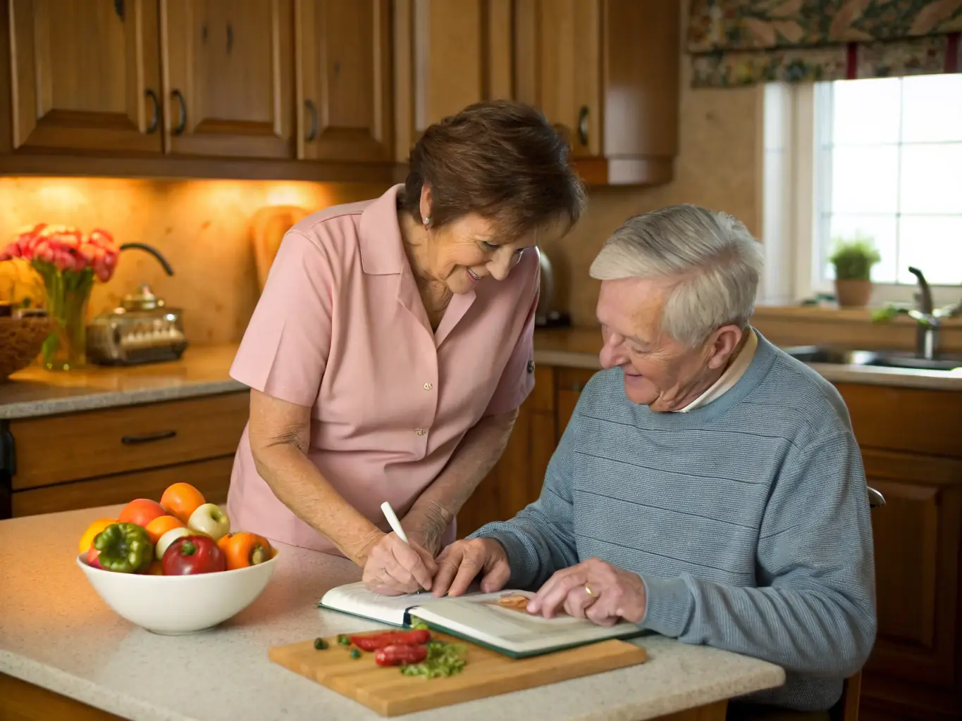 A warm image of a Victory MD caregiver helping an elderly man prepare a nutritious meal in his home kitchen, highlighting the benefits of in-home meal preparation.
